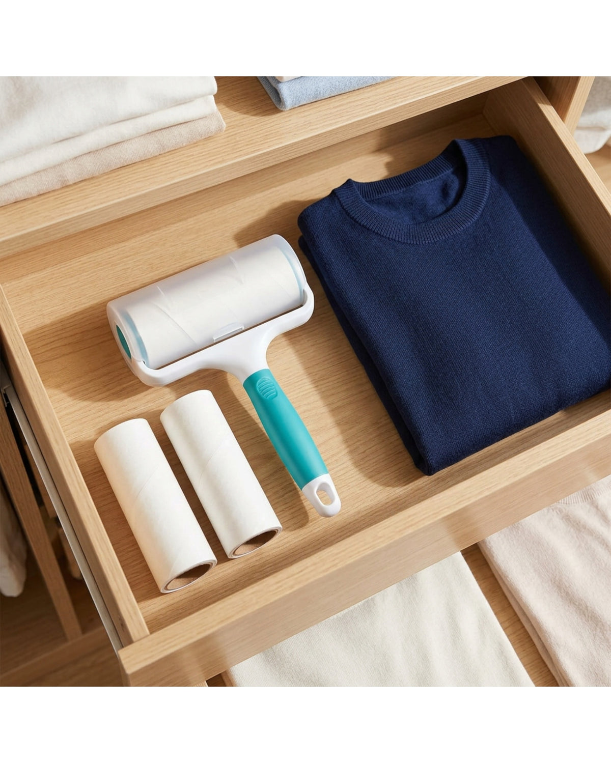 Ymxvpn Spiral-Cut Adhesive Lint Roller 60 Sheets with Two Refills White Teal - Lifestyle view